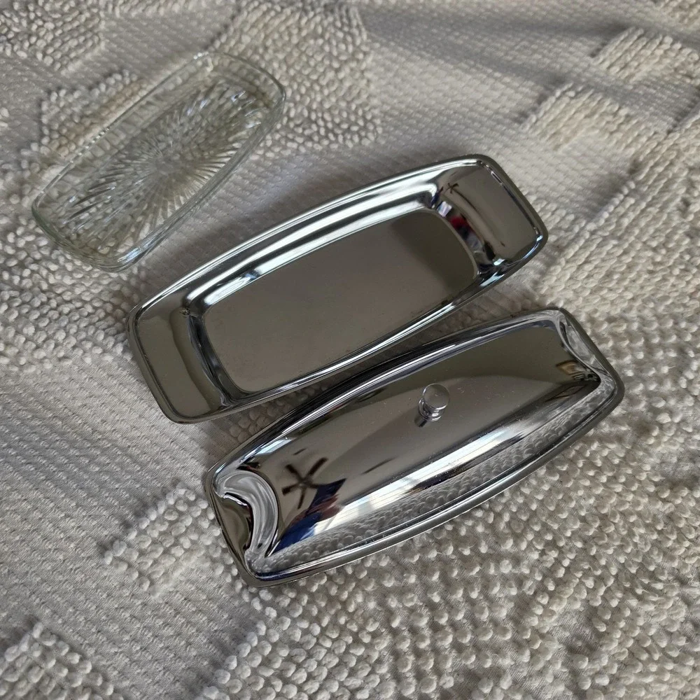 Vintage Rectangular Butter Stainless-Steel Dish with Glass Insert Chrome Metal